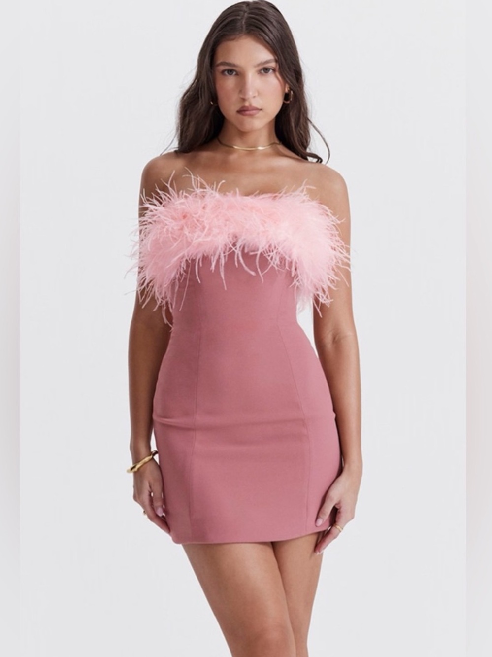 House of CB Alexa Strapless Feather Trim Mini Dress - Pink